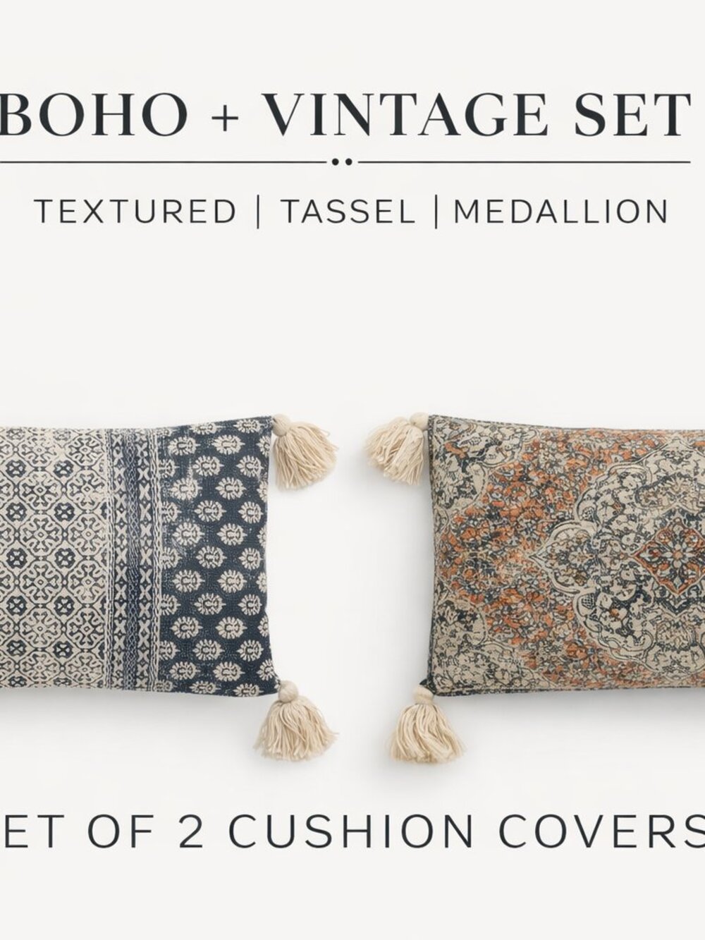 Boho + Vintage Cushion Cover Bundle Set of 2 Tassel & Medallion Decor
